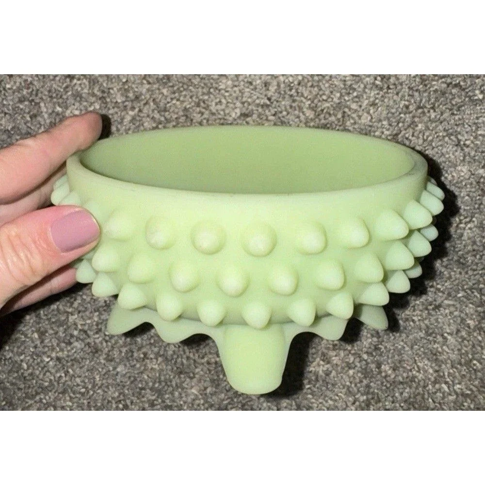 Vintage Fenton Glass Hobnail Bowl Satin Green Yellow Dish Stamped 5.5”